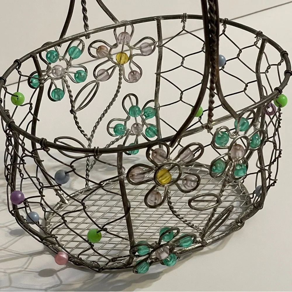 Vintage Metal Wire Basket, Pink & Green Beaded Daisies Flowers, silver tone